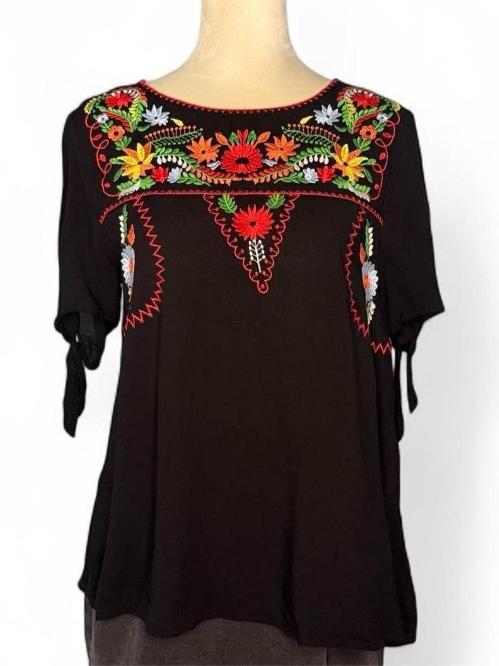 Jodifl black floral embroidered short sleeve peasant blouse S boho folk cottage